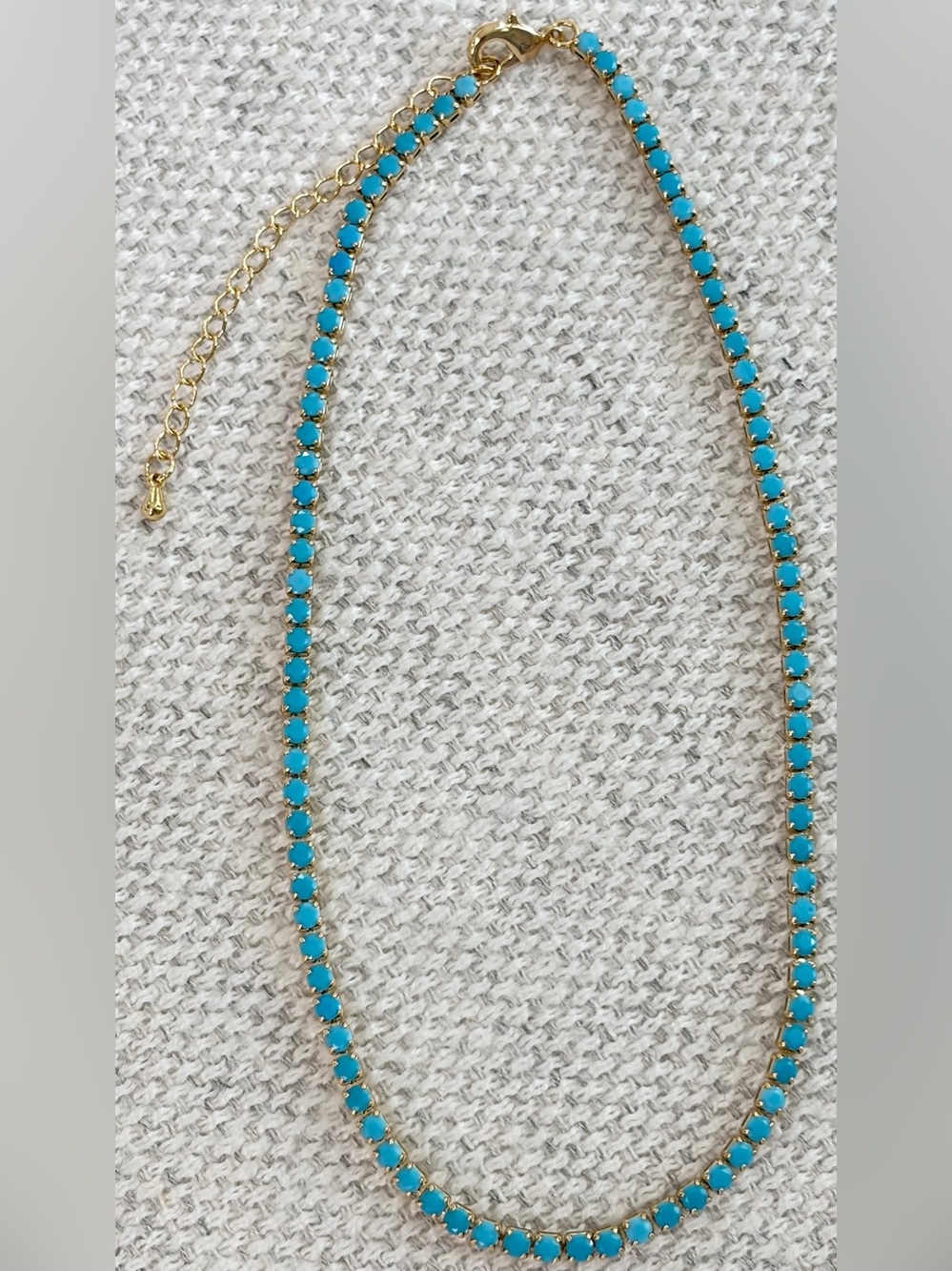 NWOT Gold Toned Tennis Necklace with Turquoise Blue Stones 13 1/2”+ 3” extender